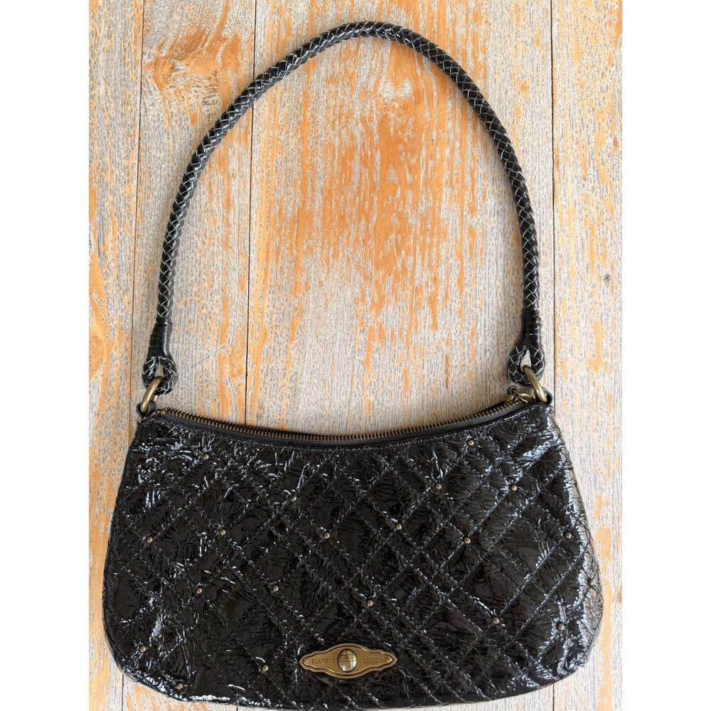 Vintage Elliott Lucca Patent Leather Satchel Y2K Blk Quilted Studded Woven Strap